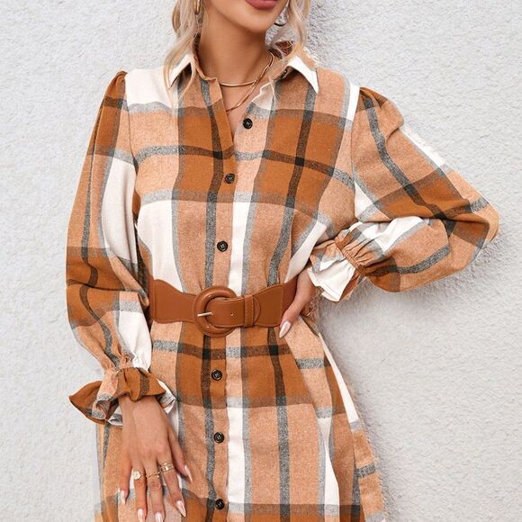 Chic Plaid Long Sleeve Dress - Tan and White - Picture 3 of 9